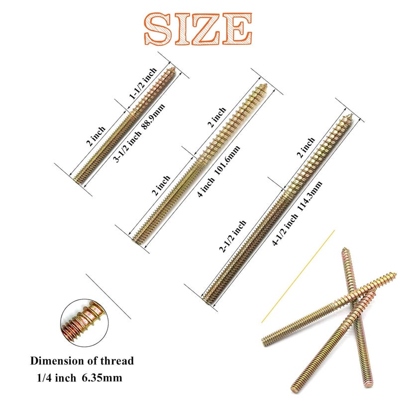 Matrelt 24 Pack 1/4-20" Hanger Bolts 3 Sizes Long Double Headed Bolts Wood Dowel Screw Self-Tapping Screw Hanger Bolts for Wood Furniture Screws Double Threaded Rods Bolt - Image 2